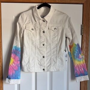 NWT Shaft Italy White Denim Jean Jacket with Tie-Dye Sleeves size Small
